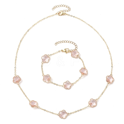 Plum Blossom Glass Links Necklace and Bracelet Sets SJEW-JS01293-01-1
