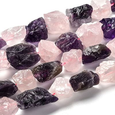 Rough Raw Natural Rose Quartz & Amethyst Beads Strands G-J390-B03-1