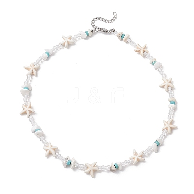 Starfish Synthetic Turquoise & Magnesite & Glass Seed Beaded Necklaces NJEW-JN05306-1