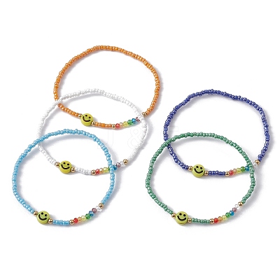 Acrylic Smiling Face & Seed Beaded Stretch Bracelet BJEW-JB09490-1