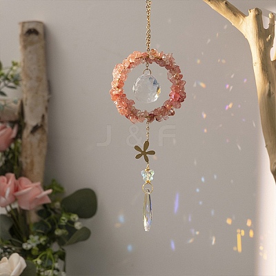 Watermelon Stone Glass Web with Feather Wall Hanging Decoration PW-WG28944-01-1