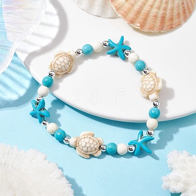 Turtle & Starfish Synthetic Turquoise Beaded Stretch Bracelet BJEW-JB09968-01-1