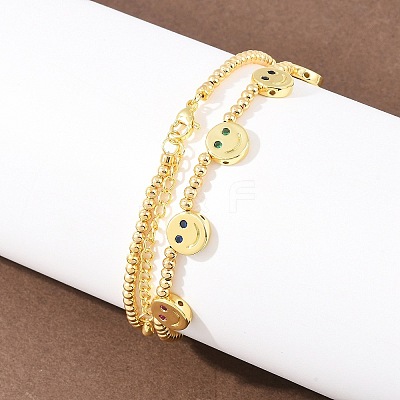 Brass Micro Pave Colorful Cubic Zirconia Smiling Face Round Beaded Bib Necklaces for Women NJEW-F364-07A-G-1