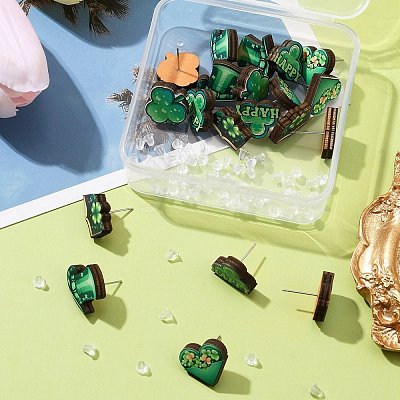 20Pcs 5 Style Saint Patrick's Day Green Wood Stud Earrings EJEW-FS0001-11-1