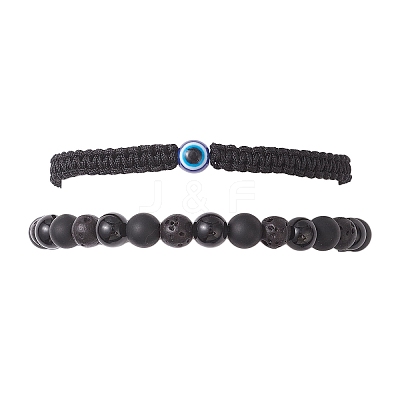 2Pcs 2 Styles Natural Black Onyx & Black Agate & Synthetic Lava Rock Beads Braided Bead Bracelets for Women BJEW-JB12591-1