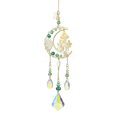Glass Beads Wire Wrapped Stainless Steel Moon Mushroom Hanging Ornaments HJEW-TA00211-1
