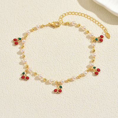 Bohemian Brass Enamel Red Fruit Tassel & Imitation Pearl Round Link Chain Anklets for Summer Vacation BD6546-4-1