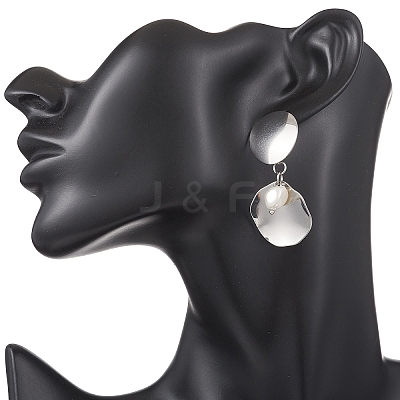 201 Stainless Steel Shell Pearl Flat Round Dangle Stud Earrings EJEW-JE06751-02-1