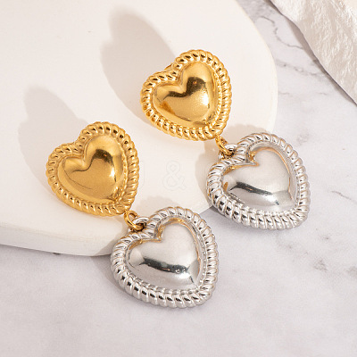 304 Stainless Steel Two Tone Heart Dangle Stud Earrings CY2575-3-1