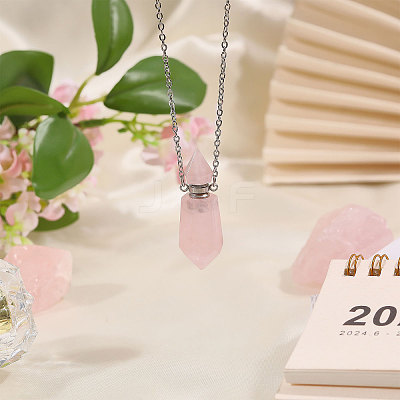 1Pc Natural Rose Quartz Faceted Pointed Bullet Shaped Perfume Bottle Pendant Necklaces NJEW-FH0001-38P-05-1
