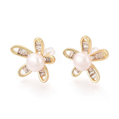 Flower Brass Micro Pave Cubic Zirconia Stud Earrings PEAR-N017-07H-1