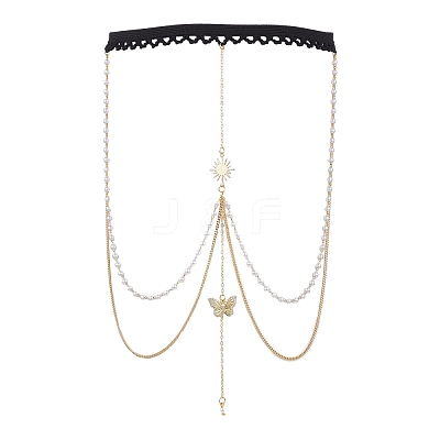 Brass Clear Cubic Zirconia Layered Sun Butterfly Tassel Thigh Leg Chains AJEW-AN00638-1