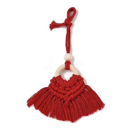 Handmade Macrame Nylon Thread Pendant Decorations with Wood Beads HJEW-P019-03C-1