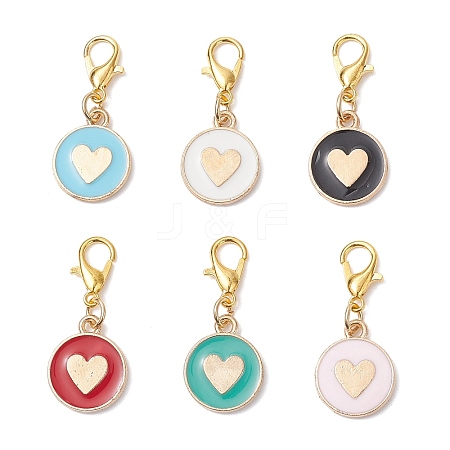 Flat Round with Heart Alloy Enamel Pendant Decorations HJEW-JM04301-S-1
