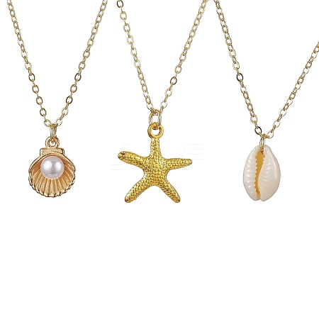 3Pcs Ocean Theme Natural Cowrie Shell & Alloy Starfish Pendants Necklaces NJEW-JN04787-1