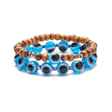 2Pcs 2 Style Natural Wood & Resin Evil Eye Round Beaded Stretch Bracelet with Synthetic Hematite BJEW-JB08096-1
