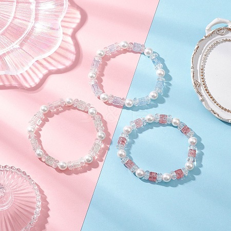 3Pcs 3 Colors Crackle Glass & Shell Pearl Beaded Stretch Bracelets for Women BJEW-JB12384-1