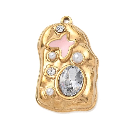 304 Stainless Steel Micro Pave Clear Cubic Zirconia with Pink Enamel & Plastic Pearl Pendants SA-CBA50C9-02G-1