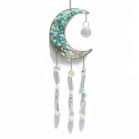 Wire Wrapped Natural Amazonite Chips & Metal Moon with Tree of Life Hanging Ornaments PW-WGC1F9E-01-1