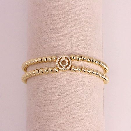 Brass Micro Pave Clear Cubic Zirconia Beads Double Strands Stretch Bracelets for Women FS-WGC7159-15-1