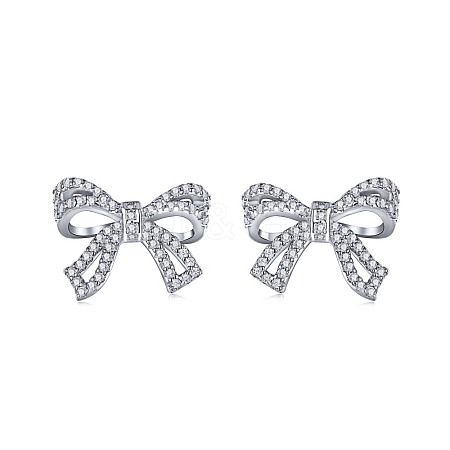 Rhodium Plated 925 Sterling Silver Micro Pave Cubic Zirconia Bowknot Stud Earrings for Woman EJEW-P231-72P-1