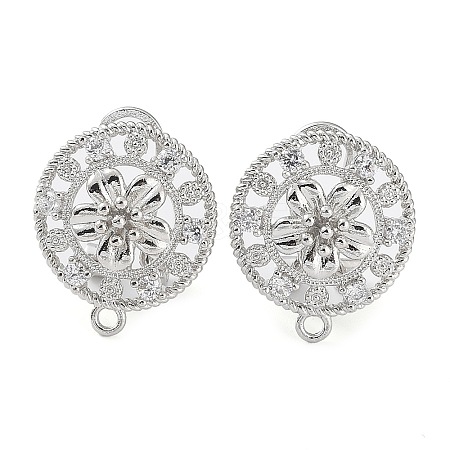 Hollow Flower Brass Micro Pave Cubic Zirconia Stud Earrings Finding KK-E083-12P-1