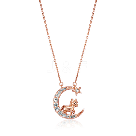 Chinese Zodiac Necklace Horse Necklace 925 Sterling Silver Rose Gold Horse on the Moon Pendant Charm Necklace Zircon Moon and Star Necklace Cute Animal Jewelry Gifts for Women JN1090G-1