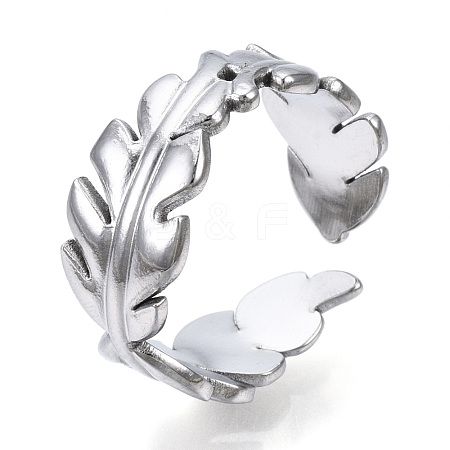 304 Stainless Steel Leaf Open Cuff Ring for Women RJEW-N040-28-1