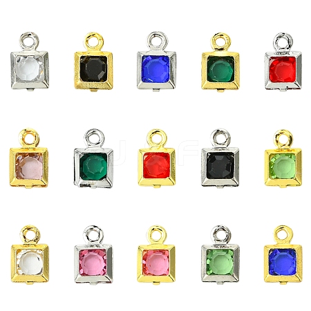 30Pcs 15 Colors Square Rack Plating Brass Glass Charms KK-FS0001-40-1