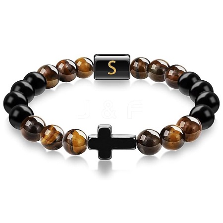 8MM Natural Tiger Eye and Matte Black Obsidian Round Beaded Stretch Bracelets SL9862-19-1