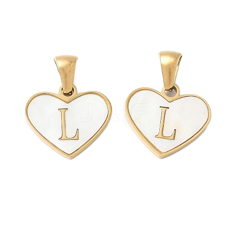 304 Stainless Steel Pave Natural White Shell Heart with Initial Slice Pendants STAS-R168-25G-L-1