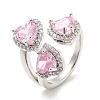 Pink Cubic Zirconia Triple Heart Open Cuff Ring RJEW-E064-06P-01-1