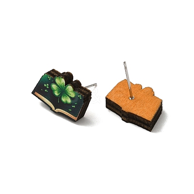 Saint Patrick's Day Green Wood Stud Earrings EJEW-D074-01C-1