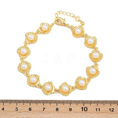 Brass & White Round ABS Plastic Pearl Shell Shape Link Chain Bracelets for Women BJEW-L707-03G-1