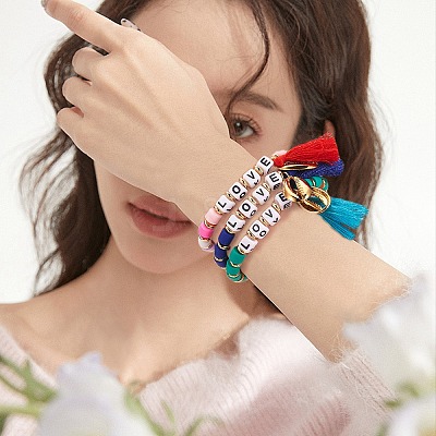 5Pcs 5 Colors Word Love Beads Stretch Bracelets Set for Girl Women BJEW-SZ0001-97-1
