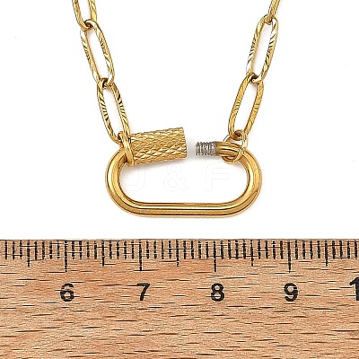 304 Stainless Steel Oval Screw Carabiner Lock Pendant Textured Paperclip Chain Necklaces NJEW-JN06576-02-1
