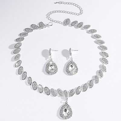 Teardrop Brass Rhinestone Pendant Necklace & Stud Dangle Earrings Sets for Women FS-WG71281-01-1