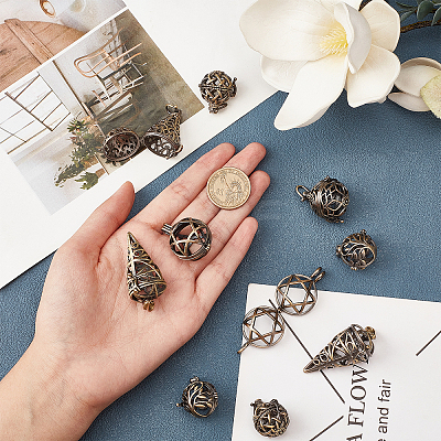 10Pcs 5 Styles Brass Hollow Cage Pendants KK-SC0003-06-1