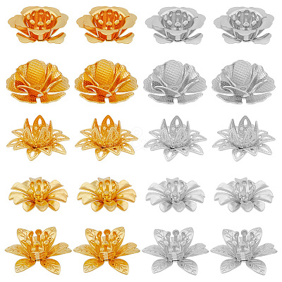 60Pcs 10 Style 3D Brass Bead Caps KK-FH0006-47-1