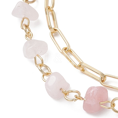 Natural Rose Quartz Chip Beads & Brass Paperclip Chain Multi-strand Bracelets for Women BJEW-JB12890-01-1