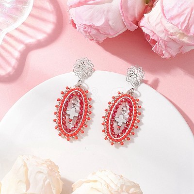3 Pairs Cross Oval Glass Seed Bead Woven Stud Earrings EJEW-MZ00595-1