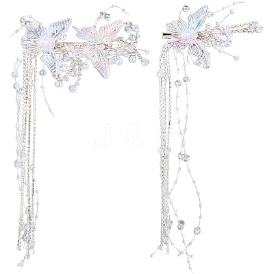 2Pcs Acrylic with Alloy Crystal Rhinestone Clear AB Butterfly Tassel Alligator Hair Clips Set AJEW-WH20080-59A-1