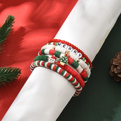 6Pcs Christmas Theme Polymer Clay Heishi Beads & Glass Seed Beaded Stretch Bracelets Set BJEW-TA00539-1