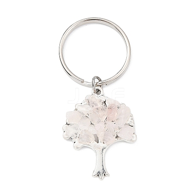 Natural Rose Quartz Chip & Alloy Tree of Life Pendant Keychain KEYC-JKC00648-05-1