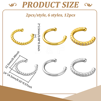 12Pcs 6 Styles Brass C-Shaped Cuff Earrings EJEW-GO0003-29-1