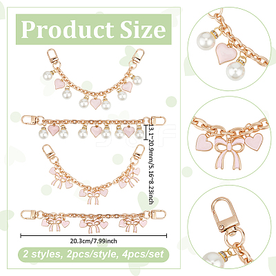 4Pcs 2 Styles Alloy Pink Enamel Bowknot Heart Charms Bag Decorative Chains HJEW-UN00104-1