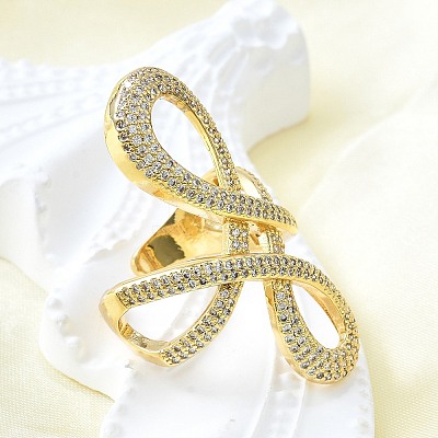 Brass Micro Pave Clear Cubic Zirconia Open Cuff Rings RJEW-F179-02G-1