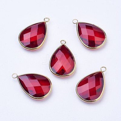 Golden Tone Brass Glass Teardrop Pendants X-GLAA-M006-A-09G-1