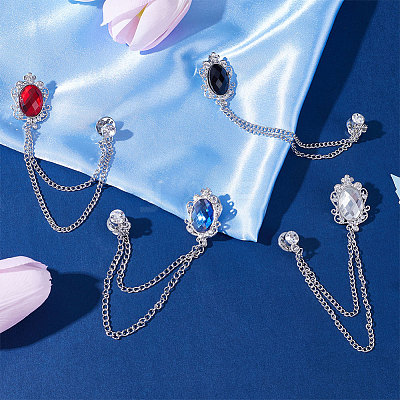 4Pcs 4 Colors Glass Oval Hanging Chain Brooches JEWB-GF0001-37-1