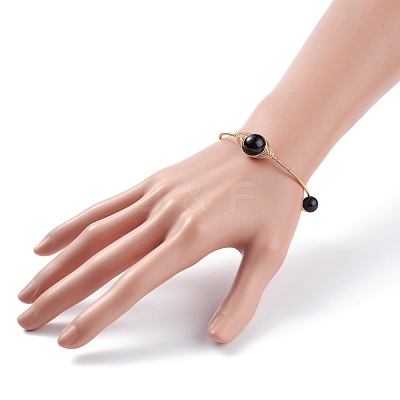 Natural Obsidian Round Beaded Bangle BJEW-JB07816-04-1
